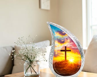 Cross Sunset Teardrop Cremation Urn for Ashes, Memorial Urns for Adult