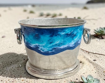 Cubitera de aluminio esmaltada con diseño de ondas, enfriador de vino, enfriador de botellas de metal para fiestas, tapa extraíble.