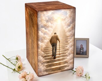Heaven Stairway Enameled Wooden Cremation Urn for Ashes, Memorial Funeral Urns
