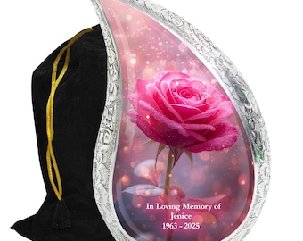 Urna de cremación con forma de lágrima rosa para cenizas, urnas conmemorativas florales para mujeres