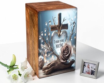 Cross & Heart Enameled Wooden Cremation Urn for Ashes, Memorial Funeral Urns