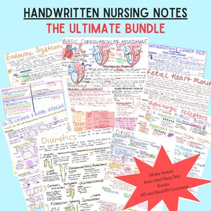 May include: A bundle of handwritten nursing notes covering topics such as the endocrine system, cardiovascular assessment, and diuretics. The notes are in various colours and fonts, with diagrams and text. The title reads "HANDWRITTEN NURSING NOTES THE ULTIMATE BUNDLE."