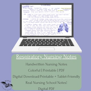 Può includere: Un laptop mostra appunti scritti a mano sui disturbi respiratori, con un diagramma polmonare. Il testo è dettagliato. Sotto, si legge "Respiratory Nursing Notes" e altri dettagli sul PDF digitale.