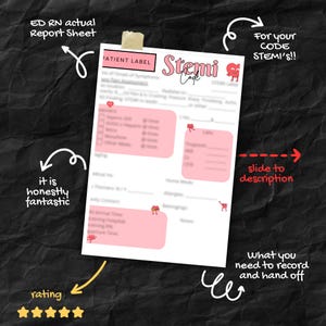 Può includere: Un foglio di rapporto bianco con accenti rosa e il testo "Stemi Code" è visualizzato su uno sfondo nero strutturato. Il foglio include sezioni per informazioni sul paziente, farmaci e laboratori. Il testo sul foglio include "ED RN actual Report Sheet".