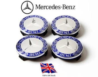 4x Blue and Chrome Silver Mercedes Benz Alloy Wheel Centre Hub Caps 75mm Badges Hub Emblem A C E G S Class