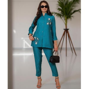 Kabacchi Teal Blue Casual With Embroidery Co-ord Set