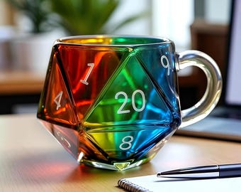 Rainbow D20 Dice Glass Mug - RPG Gamer Coffee Cup