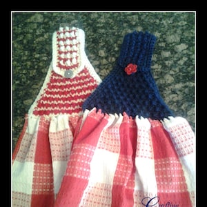 May include: Two crocheted towel tops, one red and white with white pom-poms and a black and white button, and one navy blue with a red flower button. The towel tops are attached to red and white checkered kitchen towels. The text "Crafting Friends Designs" is visible in the bottom right corner of the image. The text "Bubble Towel Top" is visible at the bottom of the image.