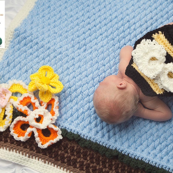 Baby Crochet Pattern - Spring Garden Photography Prop and Sensory Mat with Butterfly and Bumble Bee crochet pattern