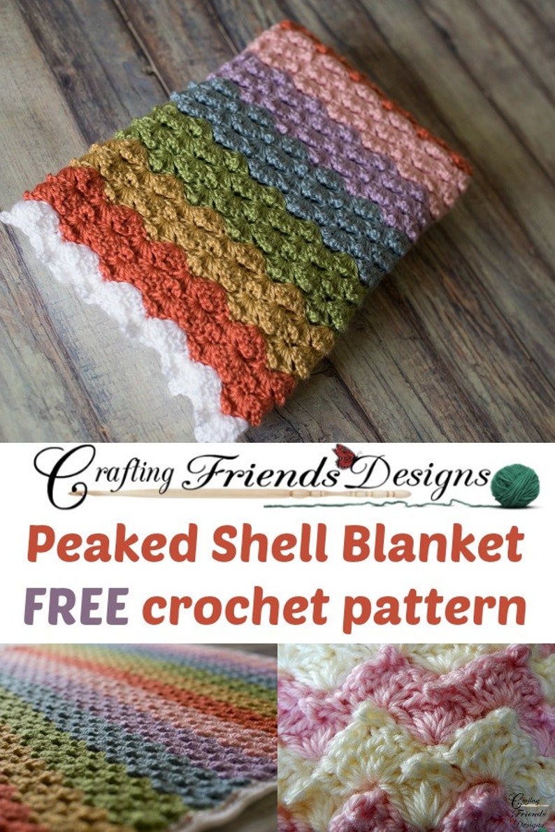 May include: A multi-colored crochet blanket with a peaked shell stitch pattern. The blanket is made with a variety of colors, including pink, purple, blue, green, yellow, and orange. The blanket is shown on a wooden surface. The text "Crafting Friends Designs" and "Peaked Shell Blanket FREE crochet pattern" is displayed on the image.