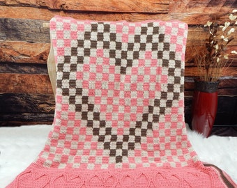 Blanket Crochet Pattern: Checkmate Heart Throw country farmhouse home decor, DIY pdf instant download crochet blanket pattern