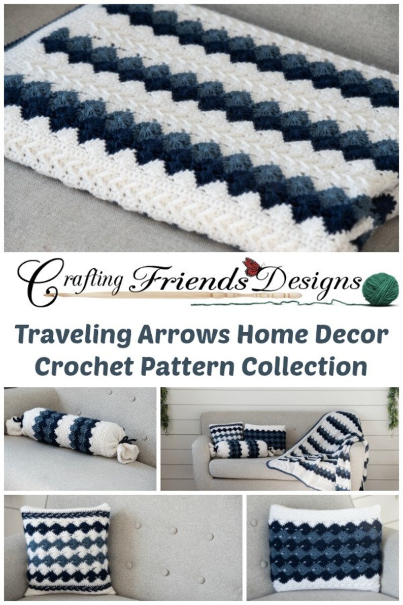 May include: A collection of crochet home decor items in a blue and white chevron pattern. The collection includes a throw blanket, a pillow, and a bolster pillow. The text "Traveling Arrows Home Decor Crochet Pattern Collection" is displayed on the image.