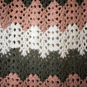 May include: A close-up of a crocheted blanket with alternating rows of pink, white, and green. The blanket has a lacy pattern and is made with a soft yarn.