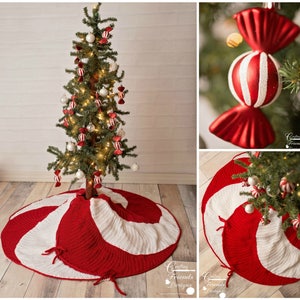 May include: A red and white crocheted Christmas tree skirt with a candy cane design. The skirt is decorated with red and white candy cane ornaments. The skirt is on a wooden floor.