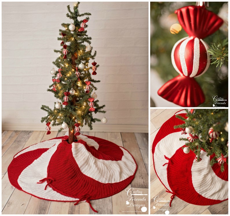 May include: A red and white crocheted Christmas tree skirt with a candy cane design. The skirt is decorated with red and white candy cane ornaments. The skirt is on a wooden floor.