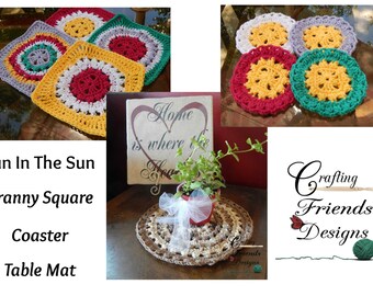Quick Crochet Pattern - Fun in the Sun Granny Square, Coaster, Table Mat, PDF Instant Download flower pot Crochet Pattern