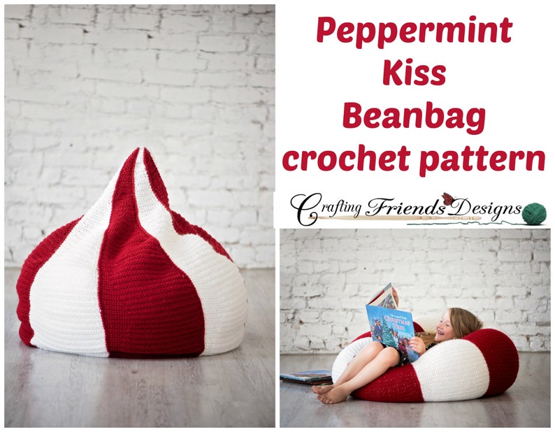 Crochet Pattern: Bean Bag Peppermint Kiss Beanbag or Pouf Crochet Pattern, PDF Instant Download Crochet Pattern, Bean Bag Chair Pattern image 1