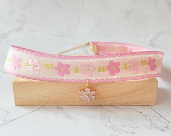 Pink Fabric Choker 18K Gold Flower Pendant Necklace, Handmade Sweet Collar Necklace Gift Girls