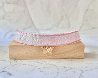 Pink Fabric Choker Golden Butterfly Pendant Necklace, Sweet Gentle Handmade Necklace Gift for Her