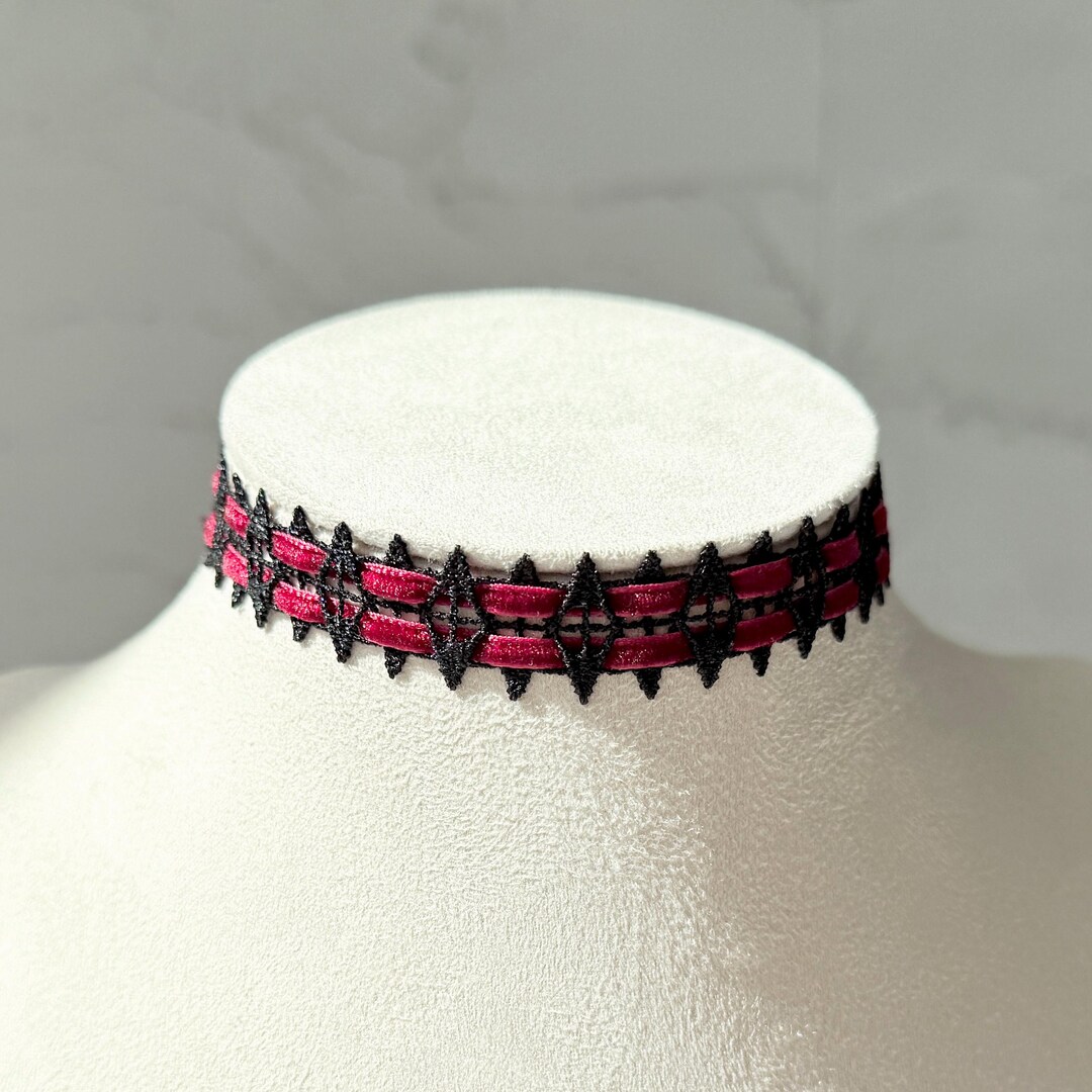 Black Lace Choker Red Velvet Ribbon, Gothic Victorian Dark Academia ...