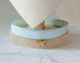 Light Blue Fabric Choker Golden Butterfly Pendant Necklace, Sweet Handmade Necklace Gift for Her
