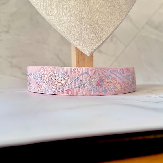 Pink Floral Embroidery Fabric Choker, Neo-Chinese Style Ribbon Necklace, French Romantic Coquette Neckband Gift