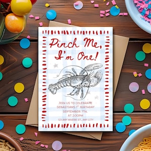 Pinch Me I&#39;m One Birthday Invitation | Editable Lobster Party Invite | Nautical Summer Birthday | Canva Template | Digital Download