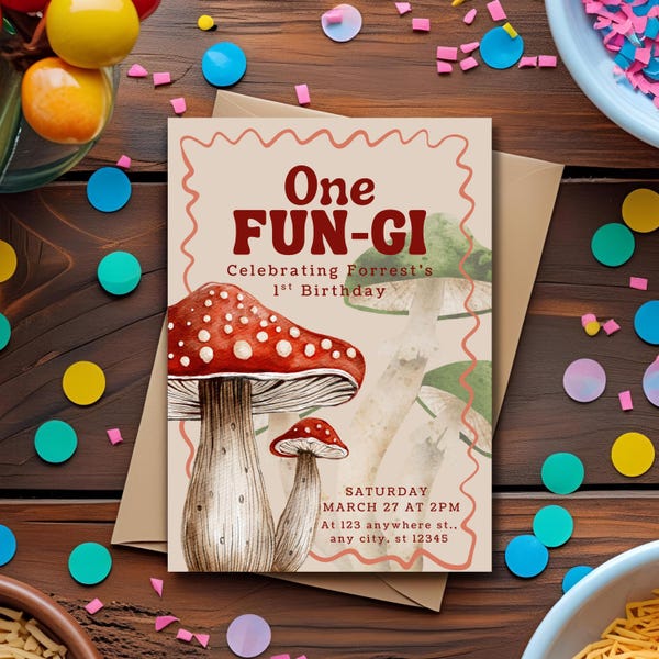 en digital inbjudan från Fun-Gi, redigerbar mall, svampens första födelsedag, omedelbar nedladdning