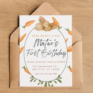 Some Bunny Is One Birthday Invitation | Bunny 1st Birthday Editable Template | Baby Animal Theme | Digital Download | 1st Birthday Invite