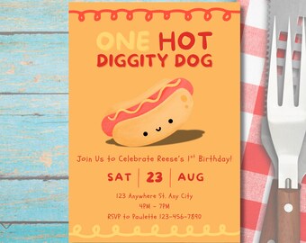 Hot Diggity Dog Birthday Invitation, Hot Dog Party Invite, Puppy First Birthday, Editable Canva Template, Printable Instant Download