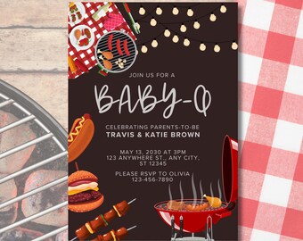Baby Q barbecue babyshower uitnodiging, BBQ babyshower feestuitnodiging, barbecue in de achtertuin babyshower voor stellen, bewerkbaar en printbaar Canva-sjabloon