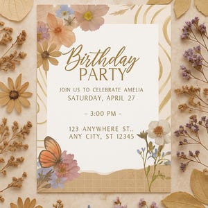 Boho Floral Birthday Invite | Editable Canva Template | Wildflower Printable Party Invite | Neutral Dried Flower Theme | Digital Download