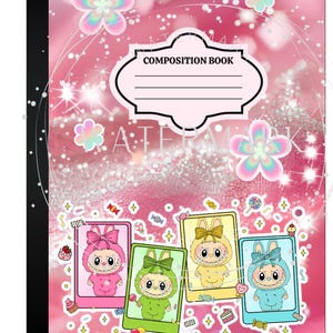 Kawaii Labubu Composition Book Cover: Sparkly Pink School Supplies (Digital Download