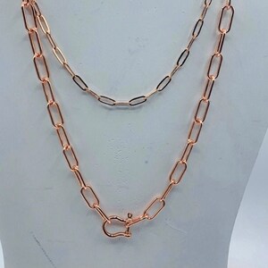 Può includere: Una collana a catena in oro rosa con chiusura a moschettone. La collana è composta da due catene, una più spessa dell'altra, entrambe con maglie ovali.