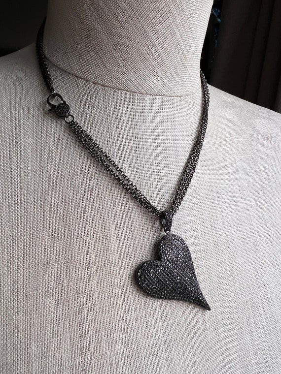 Black cZ pavé diamond Heart with clasp multi link… - image 3