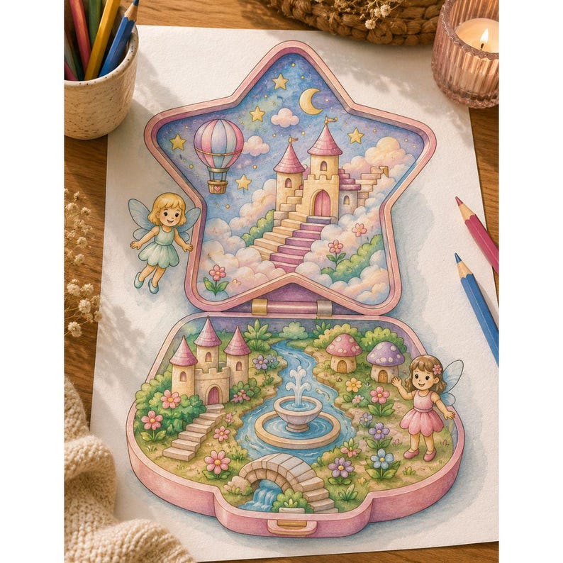 Pu&ograve; includere: Un'illustrazione ad acquerello di un astuccio compatto aperto a forma di stella che mostra una scena del cielo con un castello, scale e una mongolfiera, e un giardino con una fontana, un ponte e due fate nella parte inferiore.