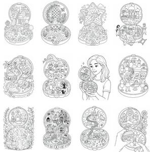 Pu&ograve; includere: Una collezione di dodici illustrazioni in bianco e nero a tratto che raffigurano vari set di gioco in miniatura in custodie compatte aperte, tra cui scene di case, giardini, castelli fantastici, una zucca, una boutique e una nave pirata.