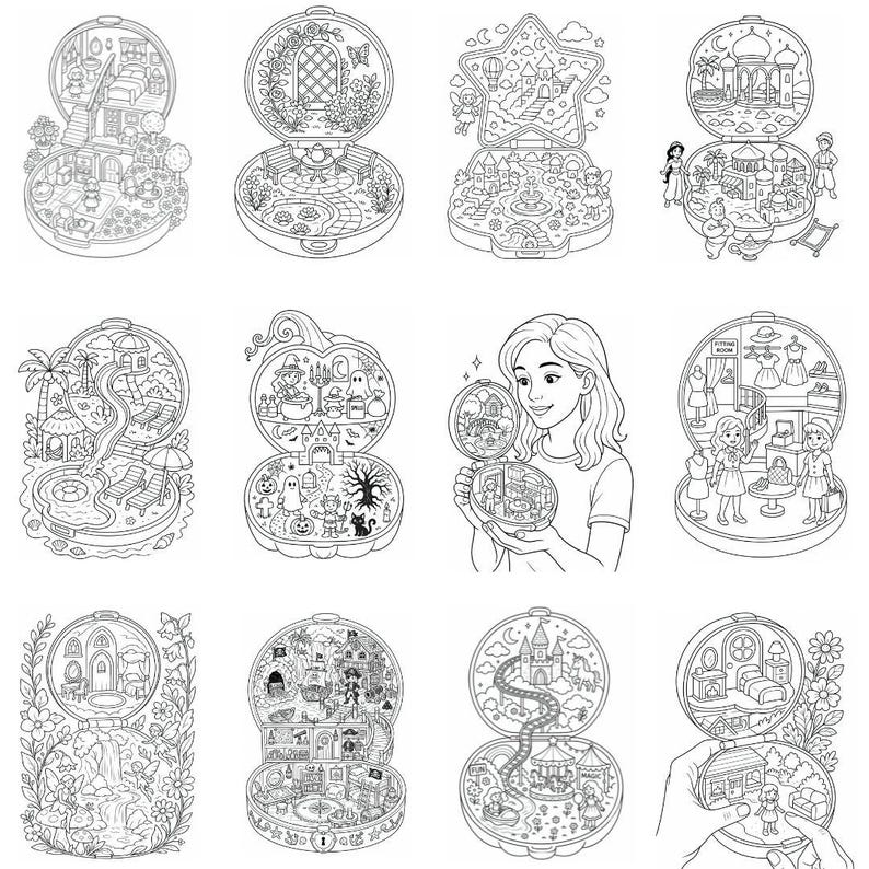 Pu&ograve; includere: Una collezione di dodici illustrazioni in bianco e nero a tratto che raffigurano vari set di gioco in miniatura in custodie compatte aperte, tra cui scene di case, giardini, castelli fantastici, una zucca, una boutique e una nave pirata.