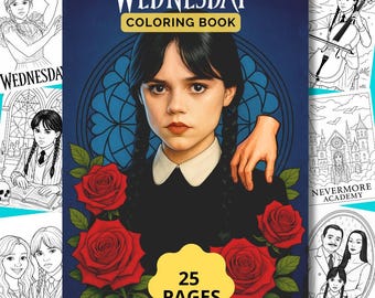 Woensdag kleurboek, 25 Wednesday Addams kleurplaten, tv-show cadeau, Nevermore, Wednesday PDF Printables, Thing, Addams Family, Horror
