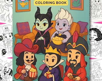 Cute Disney Villains Coloring Book, 25 Digital Coloring Pages, Chibi Disney, Evil Queen, Ursula, Hades, Chibi Characters, Disney Cute Gift