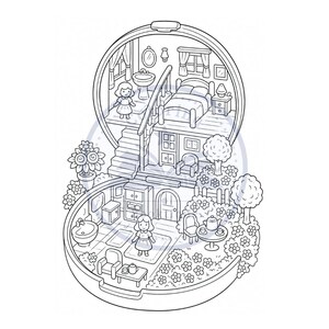 Pu&ograve; includere: Un'illustrazione a linee bianche e nere di una casa delle bambole a due piani a forma di portacipria. L'interno presenta una camera da letto, un bagno, una zona giorno e un giardino con due figure, mobili, scale e vari oggetti decorativi.