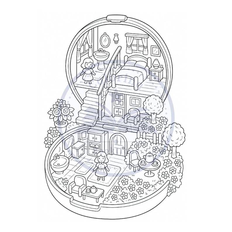 Pu&ograve; includere: Un'illustrazione a linee bianche e nere di una casa delle bambole a due piani a forma di portacipria. L'interno presenta una camera da letto, un bagno, una zona giorno e un giardino con due figure, mobili, scale e vari oggetti decorativi.