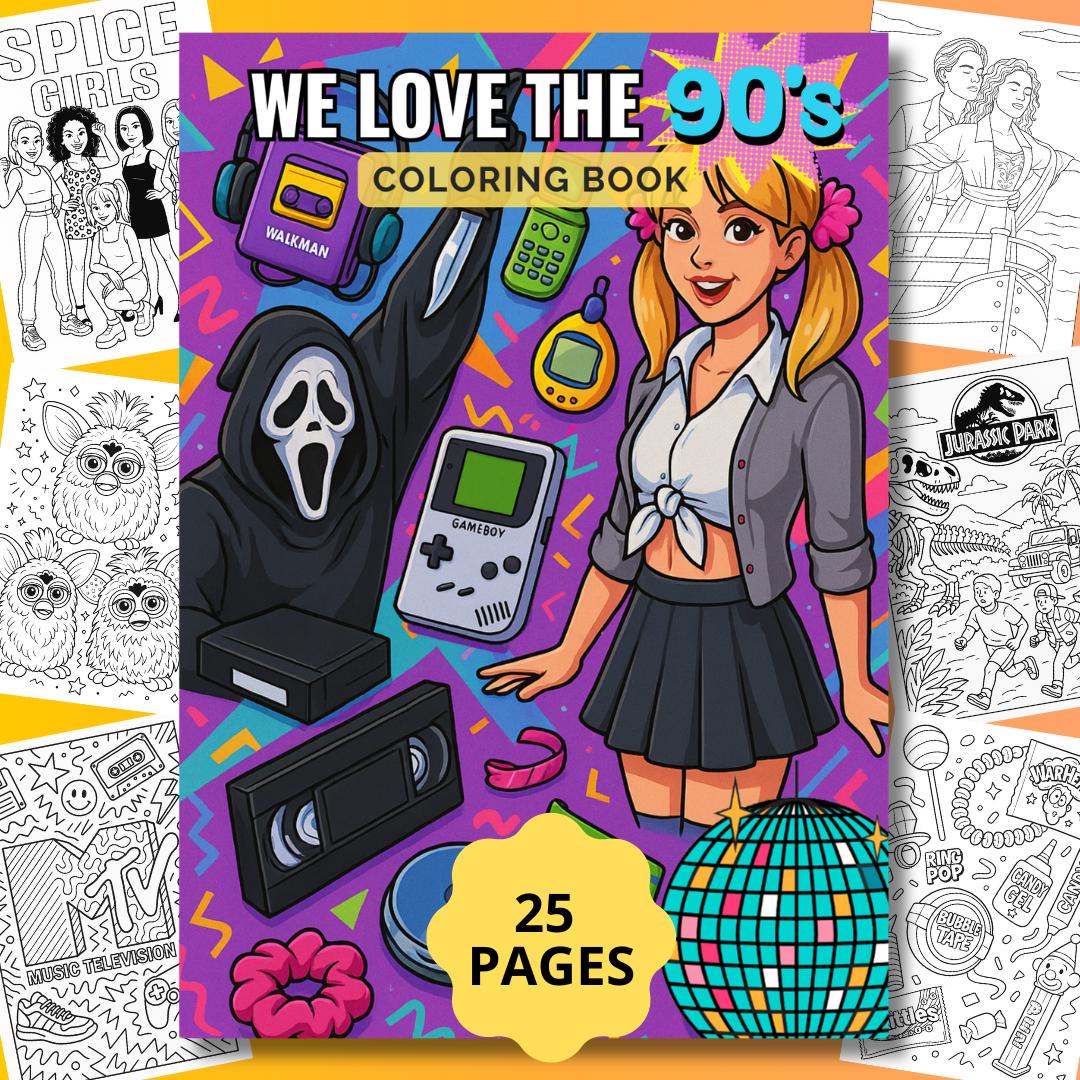 Kleurboek We Love The 90's, 25 digitale kleurplaten pdf, jaren 90 nostalgie, retro kunst, Furbie, Britneyspears, Vhs-tape, comfortabele kleurplaat