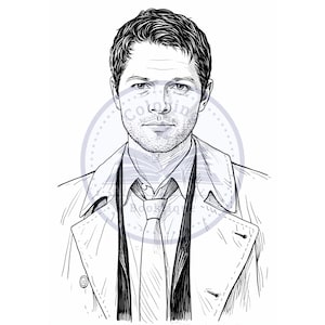 May include: A monochrome line drawing of a man with dark hair, wearing a trench coat, tie, and collared shirt. The portrait is detailed, with shading and fine lines. The image has a sketched style.