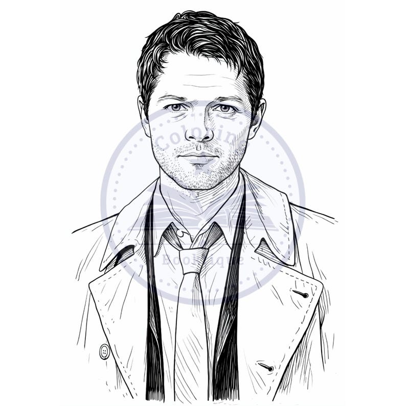 May include: A monochrome line drawing of a man with dark hair, wearing a trench coat, tie, and collared shirt. The portrait is detailed, with shading and fine lines. The image has a sketched style.