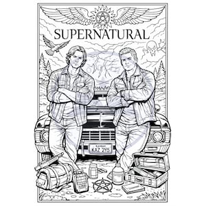 May include: Monochrome illustration of two men posing in front of a car, with the word "SUPERNATURAL" above them. The image includes a license plate and various items like a bag and a pentagram.