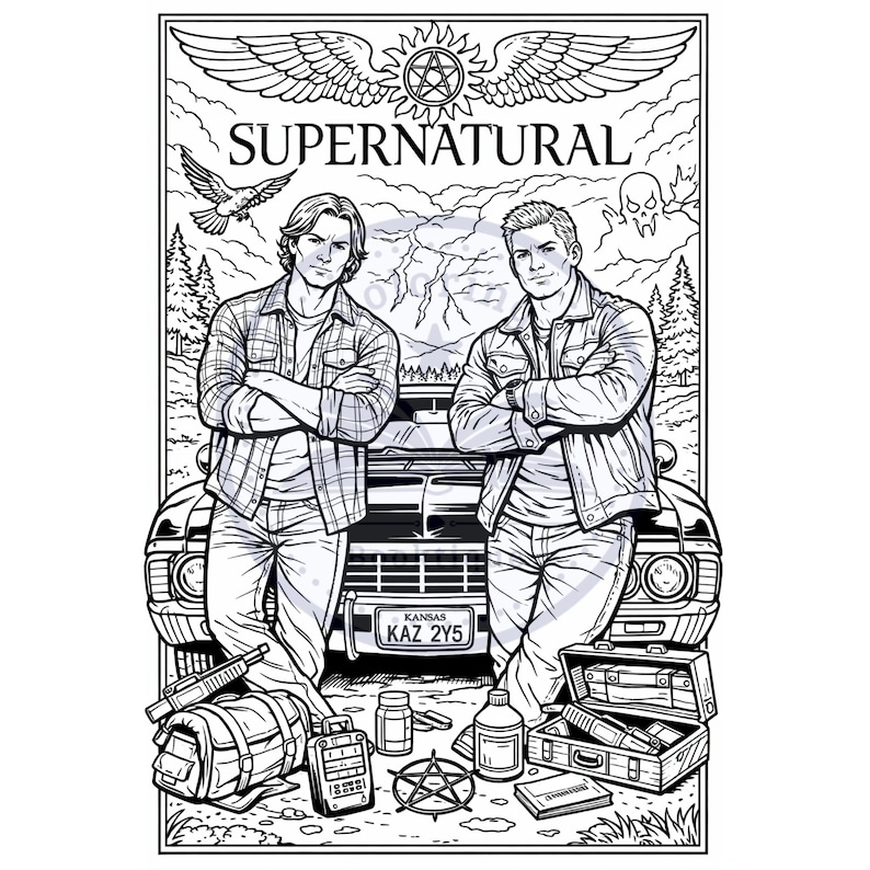 May include: Monochrome illustration of two men posing in front of a car, with the word "SUPERNATURAL" above them. The image includes a license plate and various items like a bag and a pentagram.