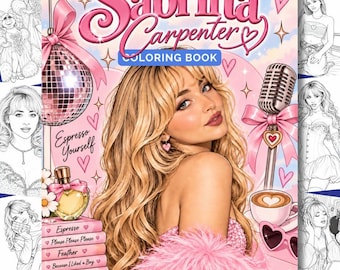Könnte beinhalten: Ein Sabrina Carpenter Malbuch mit einer zentralen Illustration der Künstlerin mit langem blonden Haar und einem rosa Feder-Oberteil. Das Cover enthält eine Discokugel, ein Mikrofon, eine Kaffeetasse, einen Parfümflakon und den Text Espresso Yourself.