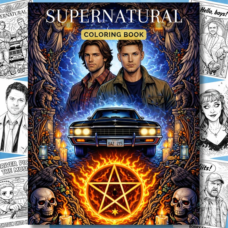 Supernatural Coloring Book, Supernatural Gift for Fans, Printable PDF, 25 Pages, Fantasy Coloring, Dean Winchester, TV Show Coloring image 1