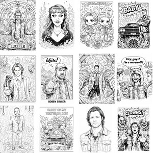 May include: A series of black and white illustrations depicting characters and scenes from a television show. The images include portraits, action shots, and text such as "Lucifer", "Idjits!", and "Clowns!"